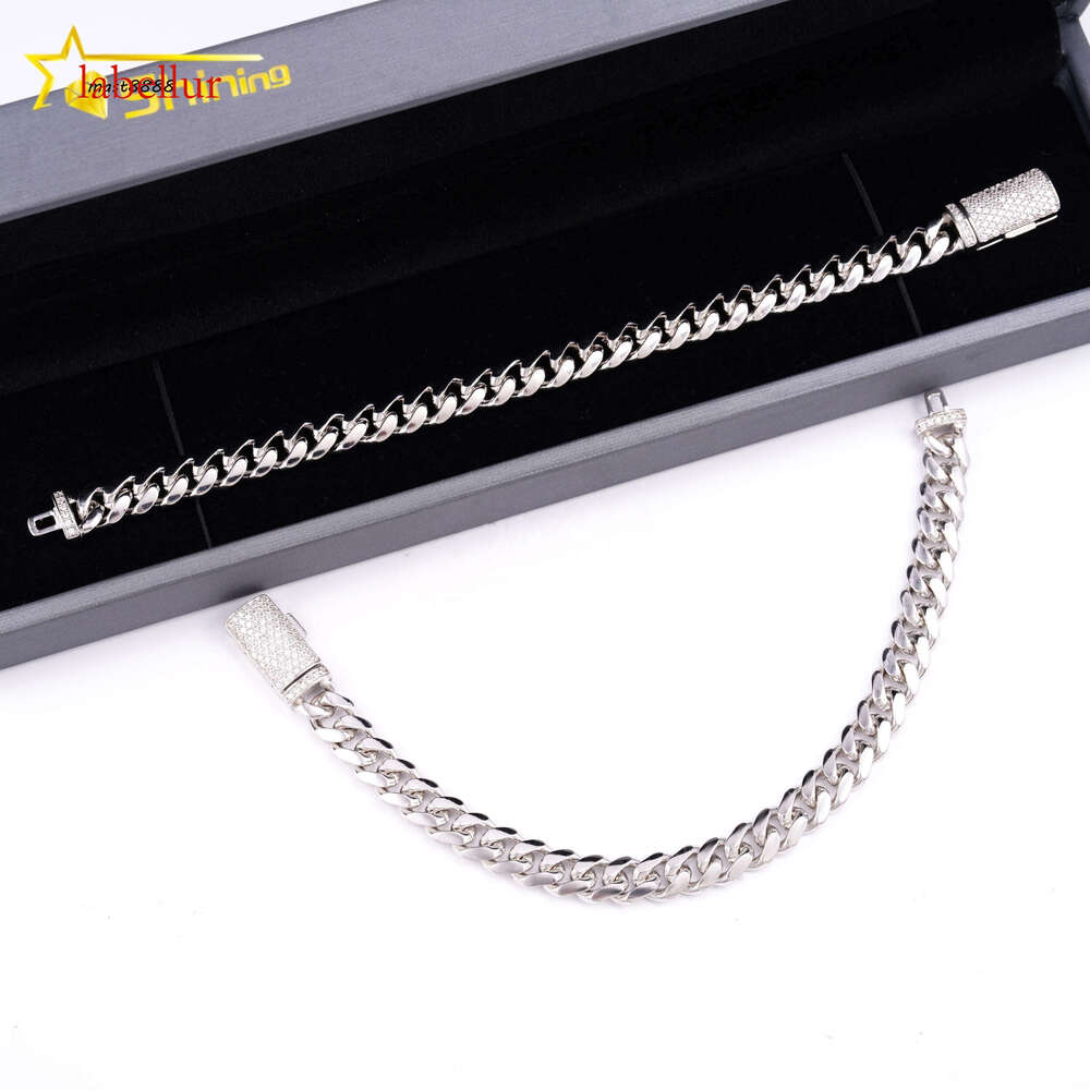 Wholesale 8MM Dia Moissanite Lock Hip Hop Sier Plain Miami Cuban Link Chain Bracelet