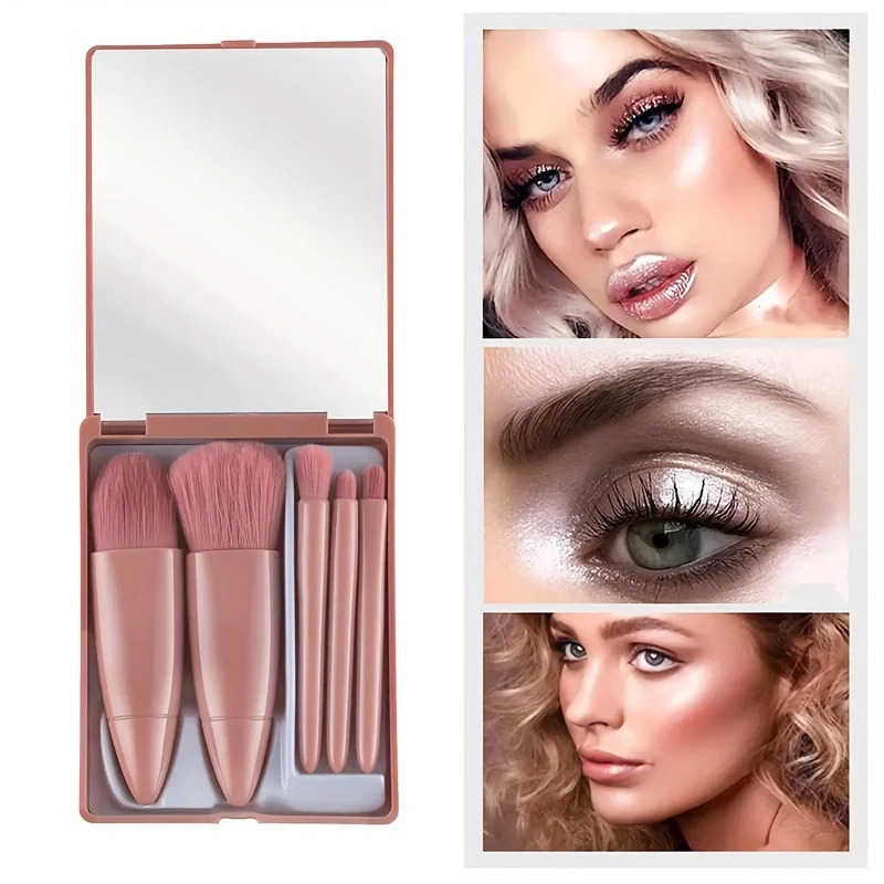 5Piece Mini Makeup Brush Set with Mirror Case Foundation Eyeshadow Blush 250716