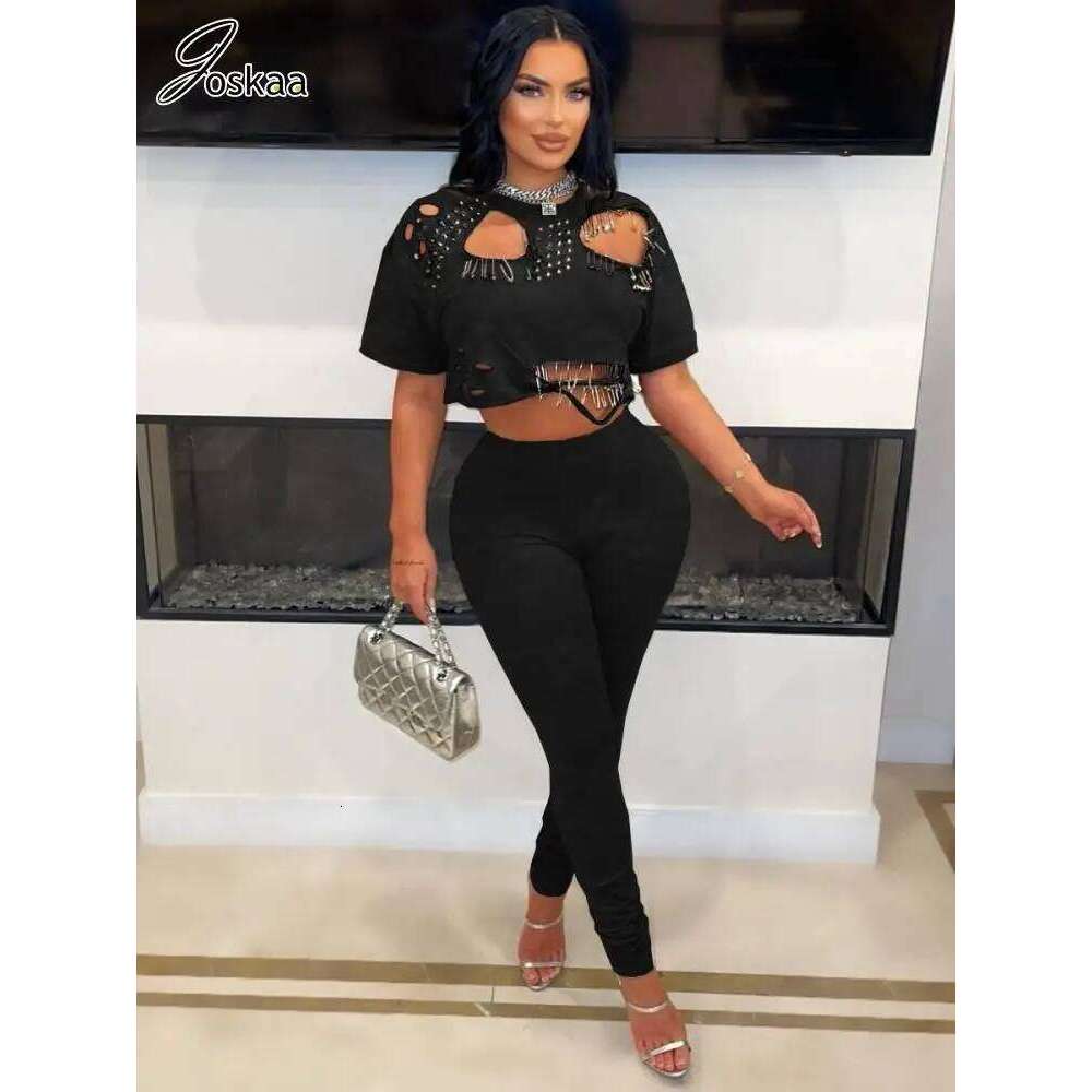 Joskaa Elegant 2 Piece Set Women Sexy Hollow Pin Short Sleeve Crop Tops and Pencil Pants Matching 2025 Summer Party Club Outfits
