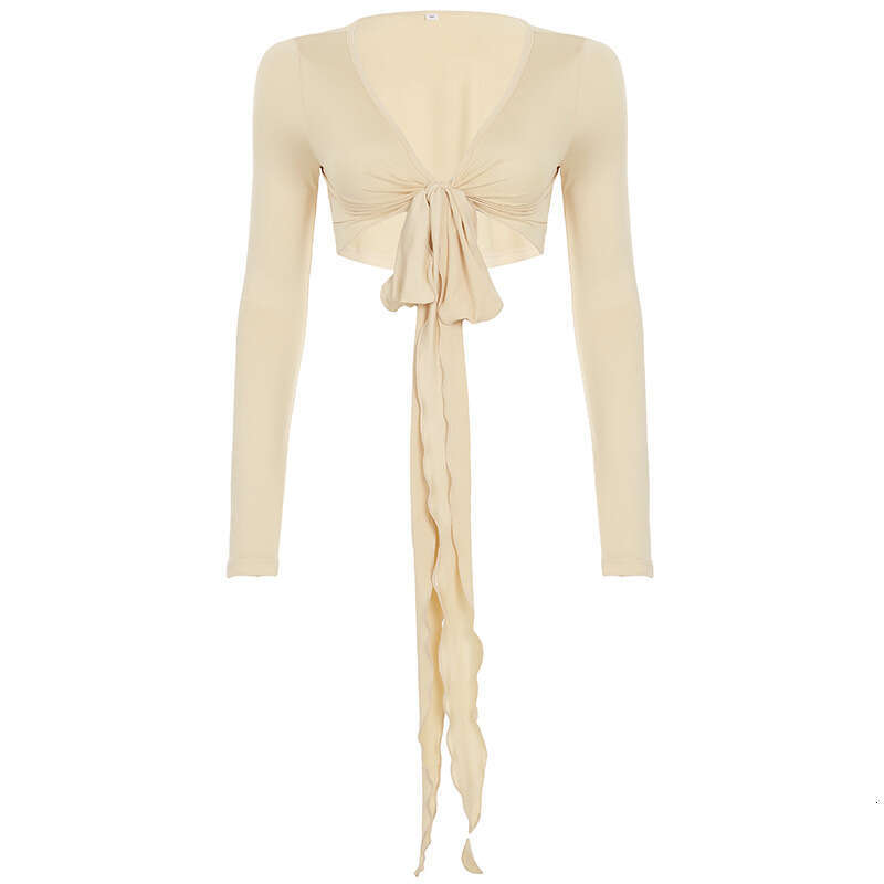 Spring Summer Women's Shawl Crop Tie Sexy V-Neck Fashion Long Sleeve Top B5