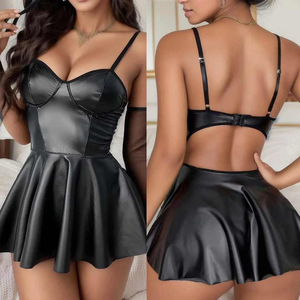 Women Erotic Lingerie Black Leather Mini Dress Porno Costumes Nightclub Sexy W250630