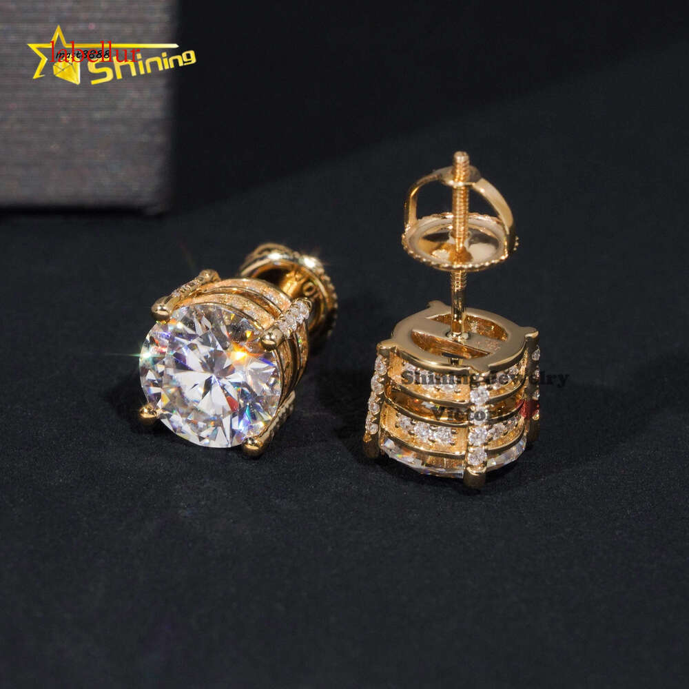 Out Pass Dia Tester Men VVS Moissanite 10K Soild Gold Screw Back 6.5MM Side Iced Earrings Studs