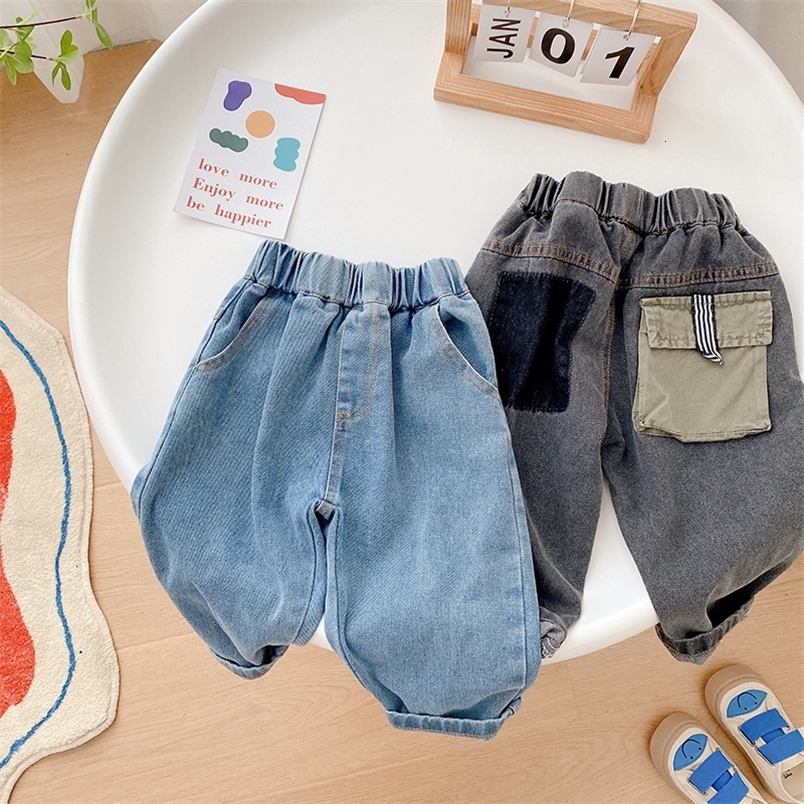 Jeans Toddler Kids Boy Jeans Autumn Children Cartoon Pattern Loose Cargo Pant Denim Trouser Elastic Waist for 1-7Years 230306