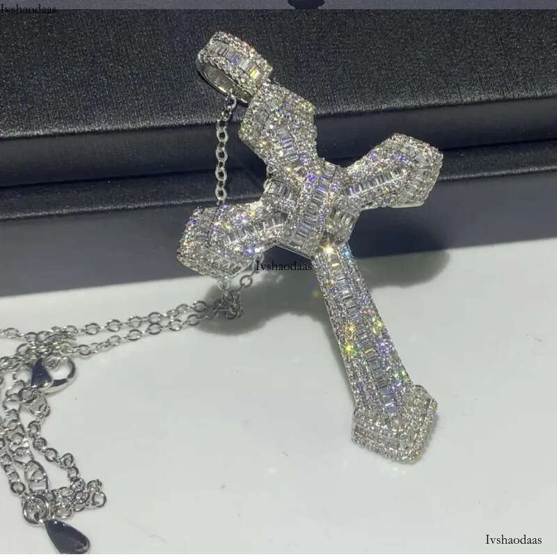 Rulalei Vintage Gorgeous Big 5A Cubic Zircon CZ Dia Sterling sier Cross Pendant Necklace for Women Men Party Wedding jewelry Gift