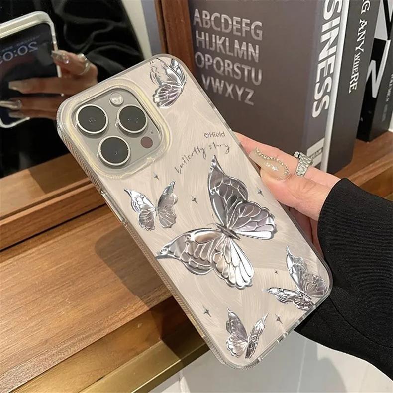 For Iphone 17 Pro Max Butterfly Design Case, Silver Foil Dream Butterfly Case,cute Bling Shiny Glitter Shockproof Protective Phone Cases Cover For Wom
