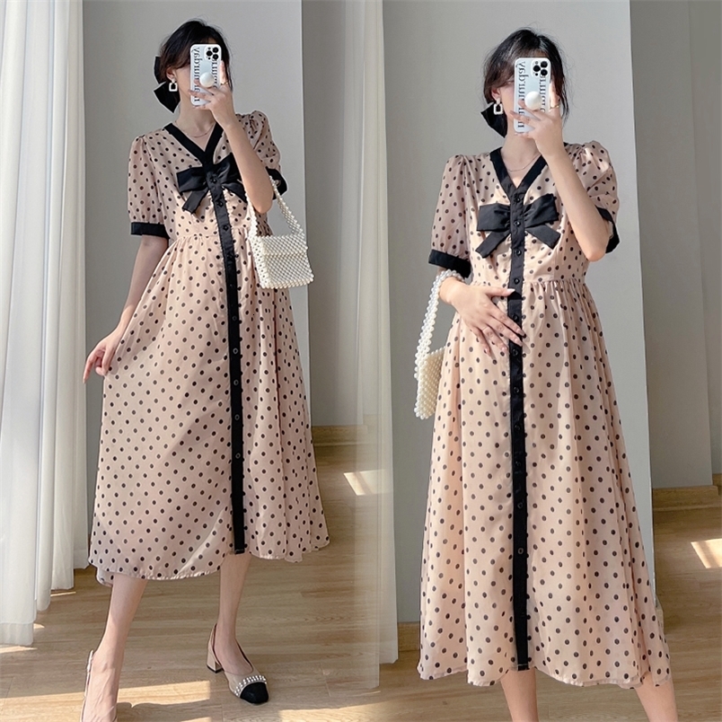 Maternity Dresses 8927# Summer Korean Fashion Dot Printed Maternity Long Dress Elegant Chic Ins A line Slim Clothes for Pregnant Women Pregnancy 23041