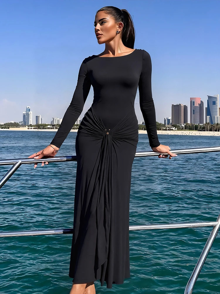 Sisterlinda Sequined Pleated Maxi Dress Classic Solid Full Sleeve Crew Neck Ribbons Sheath Long Robe Mujer Hipster Evening Wear 250922