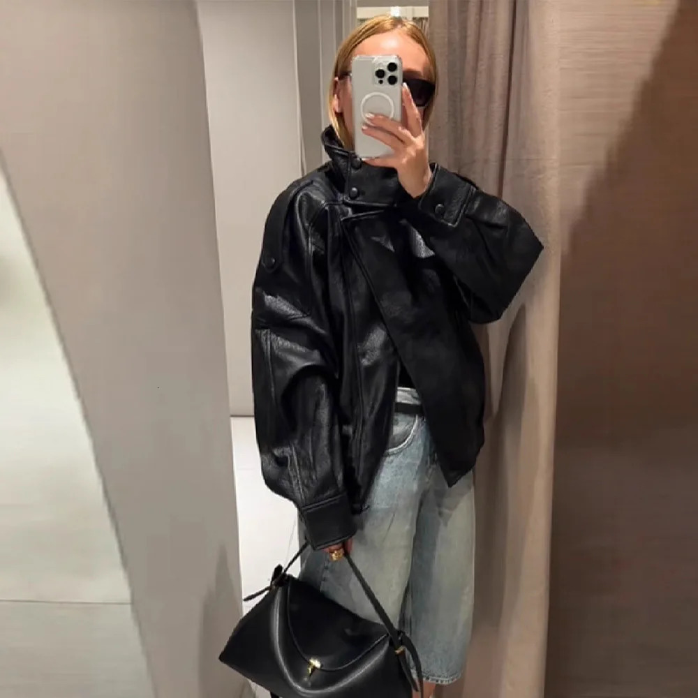 PRINTKAOIR Black Asymmetry Buttons Leather Jacket Lapel Long Sleeve Warm Street 2025 Autumn Winter Lady Outwear 250922