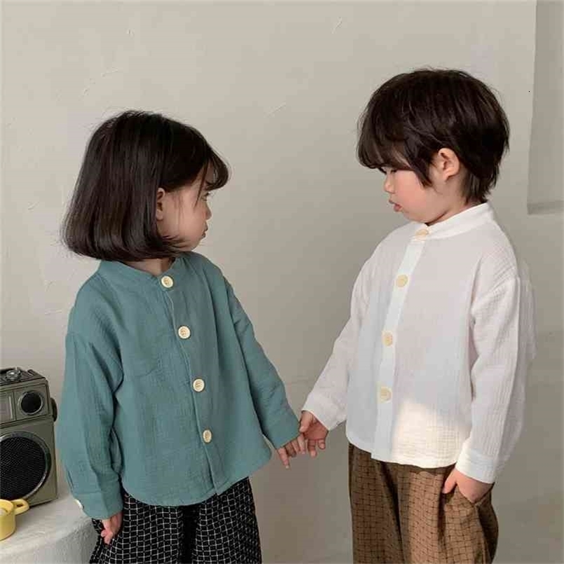 Spring cotton casual base long sleeve shirts for boys and girls simple all-match soft Tops 210713