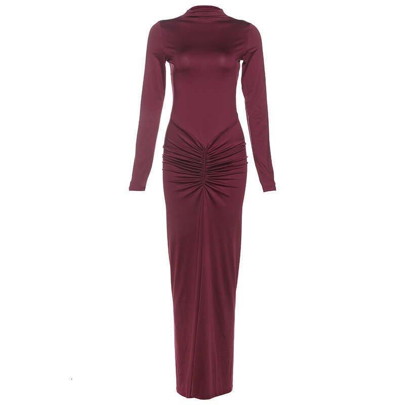 2025 Autumn Winter New Cross-Border European and American Foreign Trade Sexy Waist Slimming Solid Color Long Elegant Pleated Dress for Women