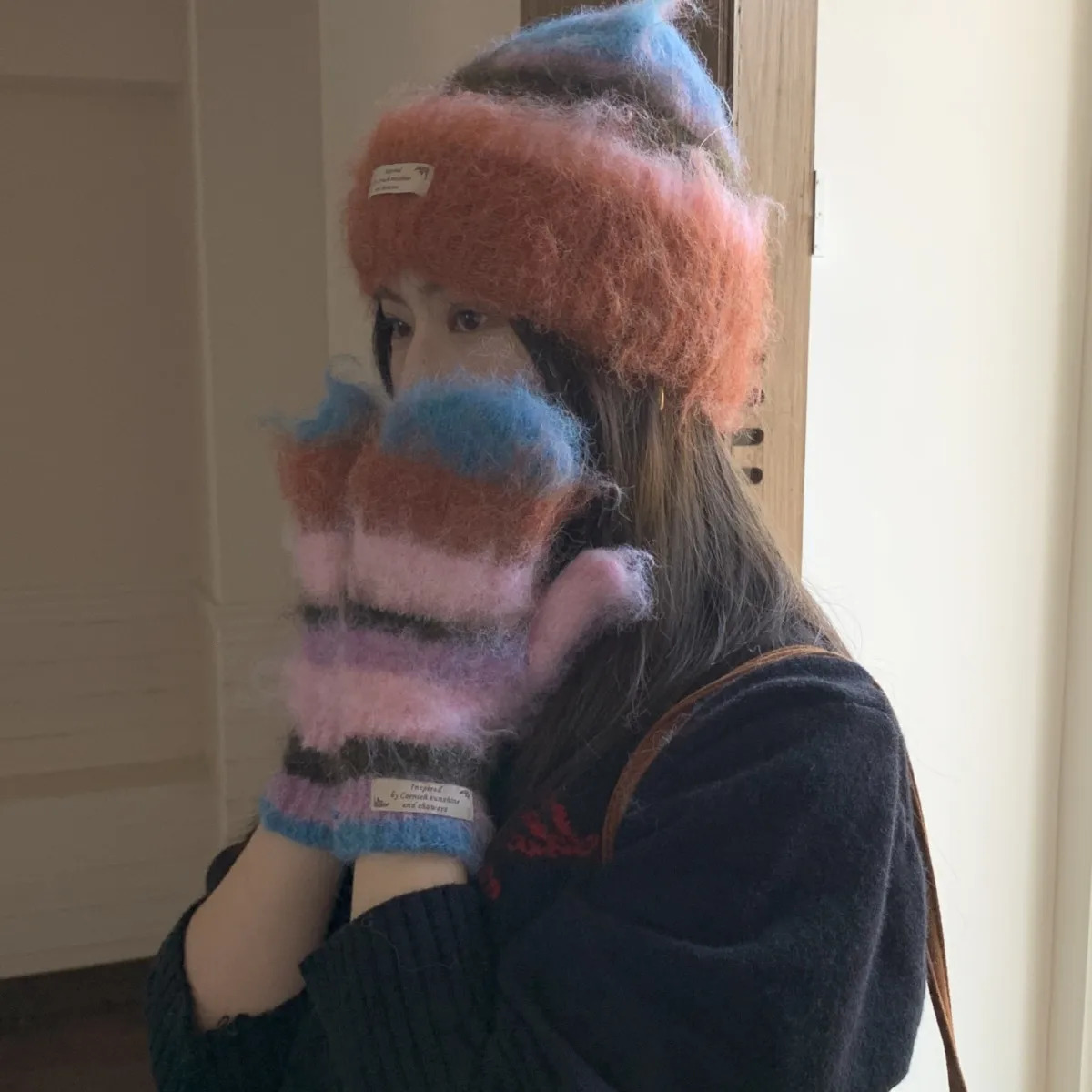 Korean Style Autumn and Winter Women Striped Fluffy Wool Beanie Cap Knitted Gloves Warm Suit Knitted Beanie 250930