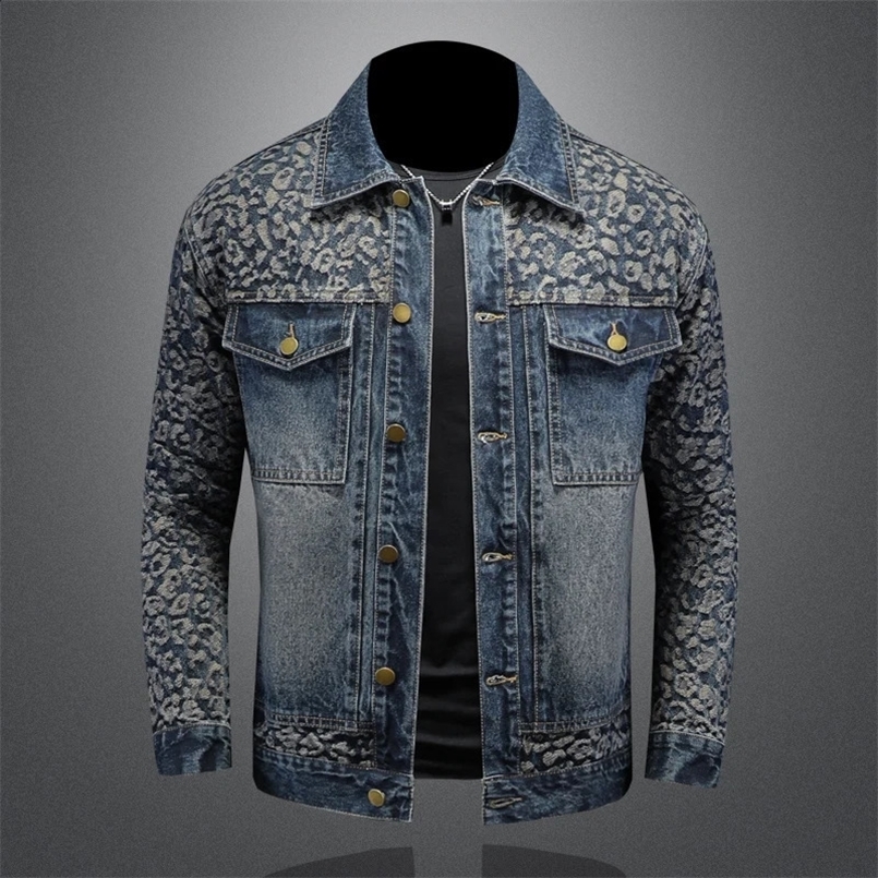 High quality jacquard spliced denim jacket for mens casual business social street clothing 250411
