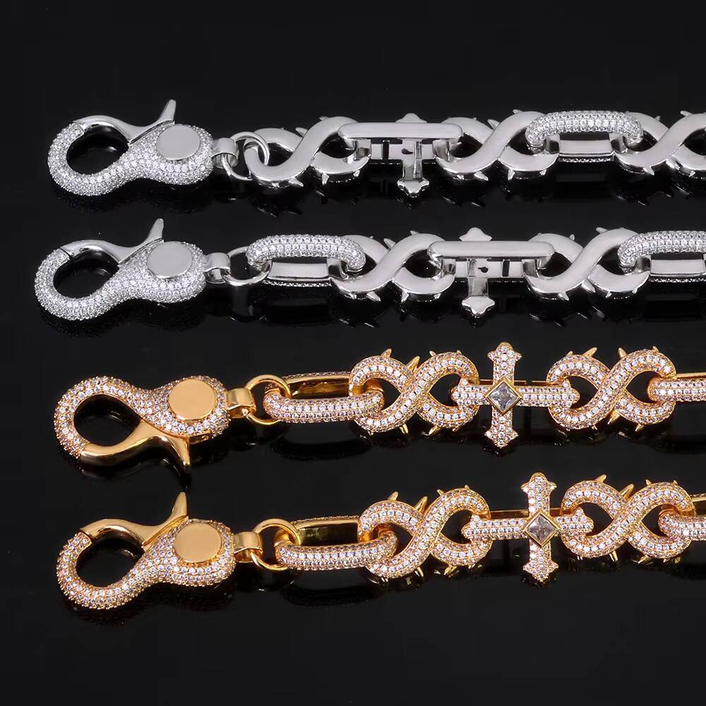 boutique Luxury Silver Plated Hip Hop Pants Chain Shiny Diamond Cross Micro Pave Moissanite Spike Infinity Design Chain Jewelry
