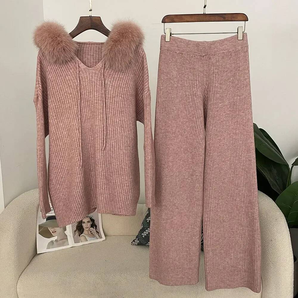 OFTBUY Women Knitwear Set Spring Autumn Real Fox Sweater Fashion Natural Fur Cuffs Long Pants Knitted Suit