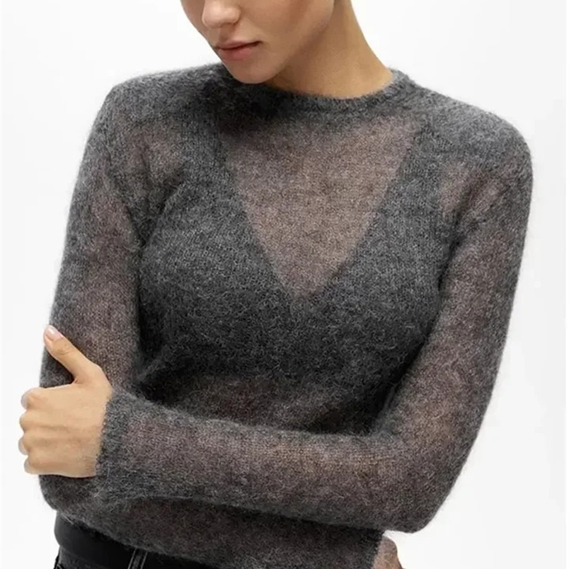 Fashion Solid Round Neck Thin Sweater Elegant Long Sleeve Bodycon Knitted Pullover Autumn Lady Commuting Street Outwear 241224
