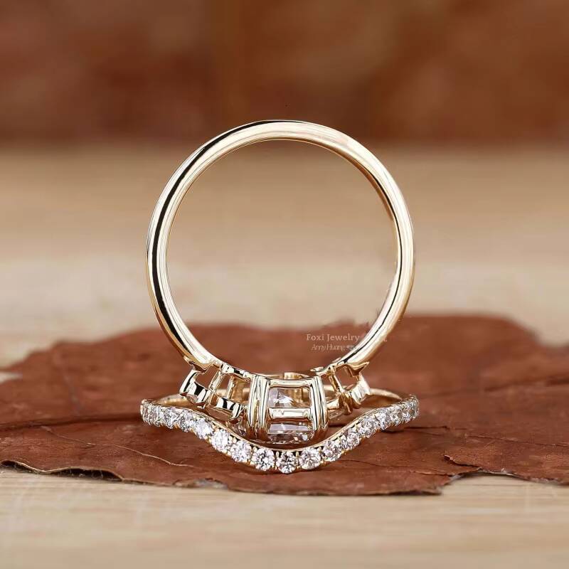 Hot Selling Solid 14K Gold Lab Diamond Women Rings 925 Silver Radiant Cut Five Stone Lab Grown Diamond Ring Bridal Wedding Set