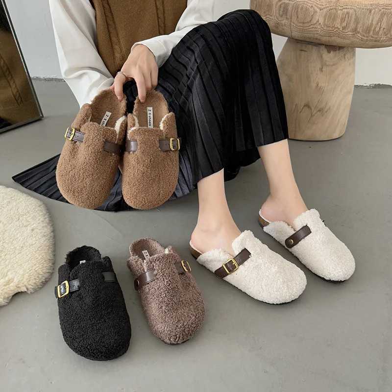 Luxury Designer Lambswool Winter Cotton Shoes Women Slippers Warm Plush Curly Sheep Fur Flats Buckle Belt Mules Mocasines Mujer Z250929