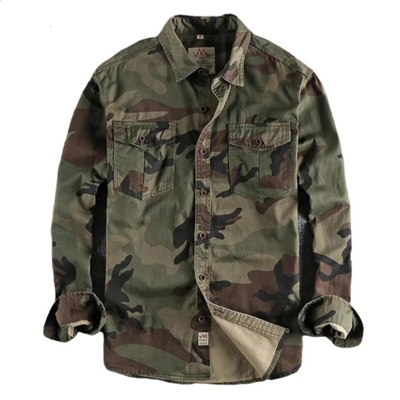 Mens Double Pocket Camo Shirt Men Camouflage Cargo Shirts High Quality Outdoor Hiking Sport Youth Out Wear 240719