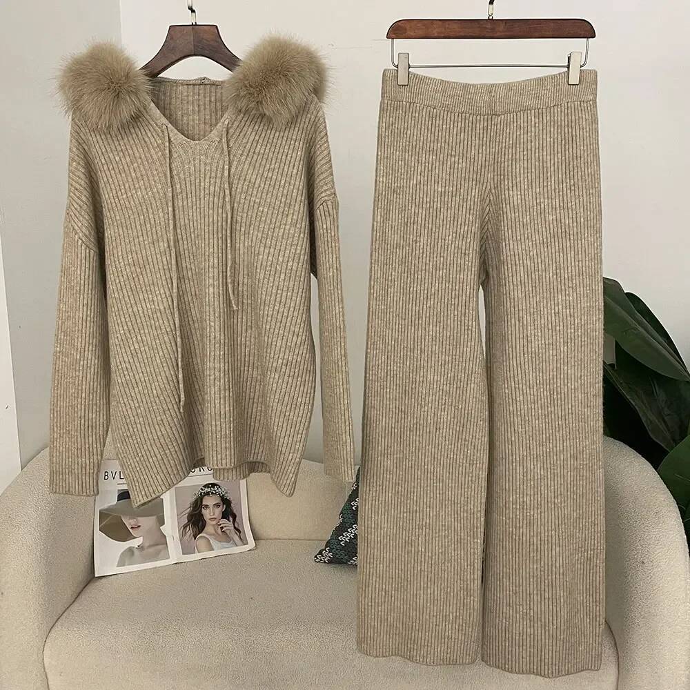 OFTBUY Women Knitwear Set Spring Autumn Real Fox Sweater Fashion Natural Fur Cuffs Long Pants Knitted Suit