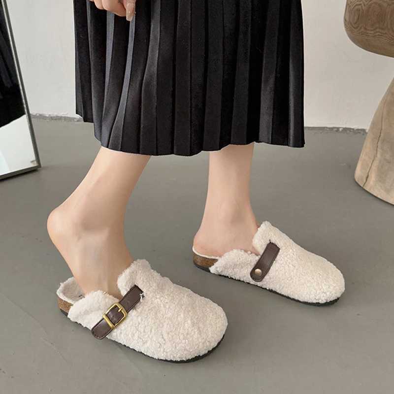 Luxury Designer Lambswool Winter Cotton Shoes Women Slippers Warm Plush Curly Sheep Fur Flats Buckle Belt Mules Mocasines Mujer Z250929