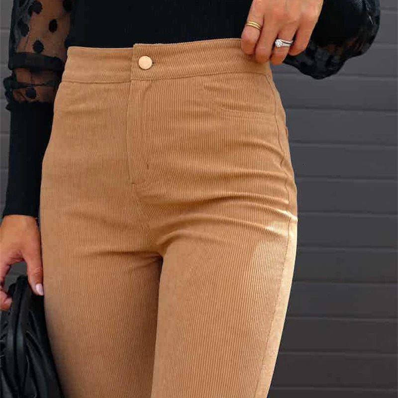 Corduroy Casual Trousers Women Autumn Winter Solid Highwaist Flare Lady Slim Black Gray Khaki Orange Long Pants Z260314