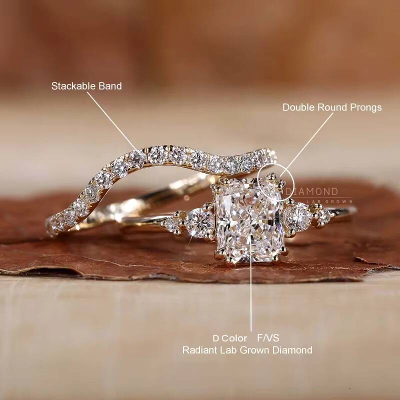 Hot Selling Solid 14K Gold Lab Diamond Women Rings 925 Silver Radiant Cut Five Stone Lab Grown Diamond Ring Bridal Wedding Set