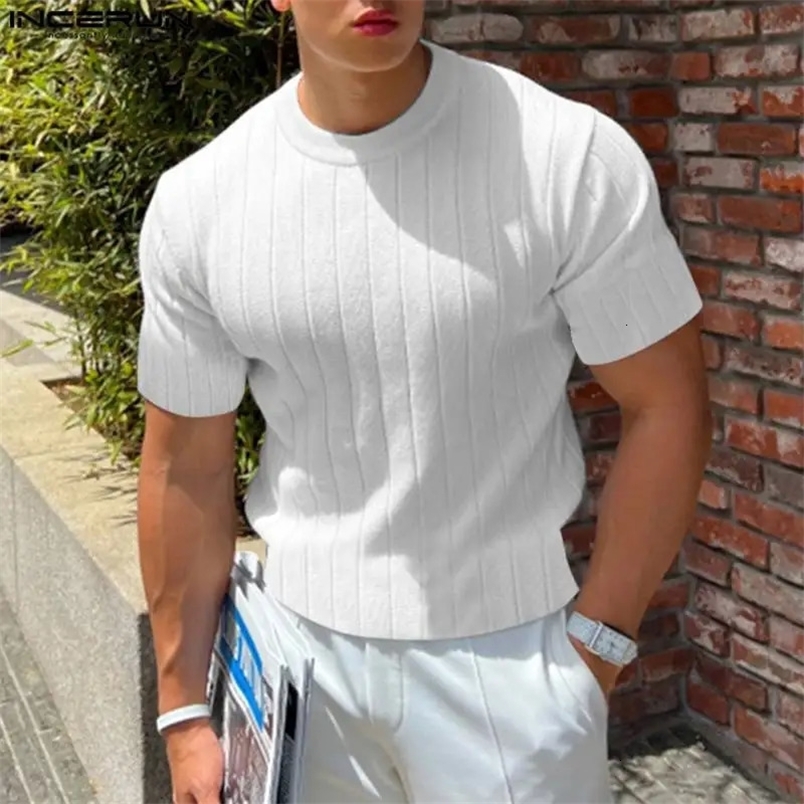 Handsome Well Fitting Tops INCERUN Men Knitted ONeck Tshirts Casual Fashion Solid Short Sleeve Camiseta S5XL 240626