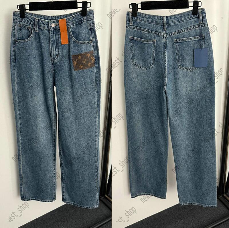 designer Women Blue Jeans Vintage Style Straight Denim Pants Letter jacquard print straight jean Spring Summer Leather label Trousers S-L