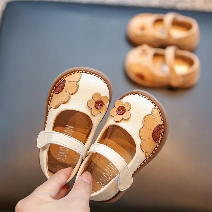 First Walkers 11.5-15.5cm Girls Flowers Shoes Beige Pink Shollow Pu Leather Shoes For Toddler Girls Infant Soft Princess Dress Flats Shoes 230314