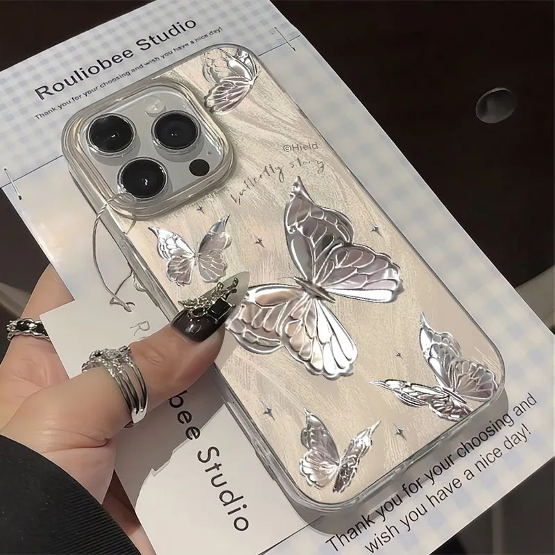 For Iphone 17 Pro Max Butterfly Design Case, Silver Foil Dream Butterfly Case,cute Bling Shiny Glitter Shockproof Protective Phone Cases Cover For Wom