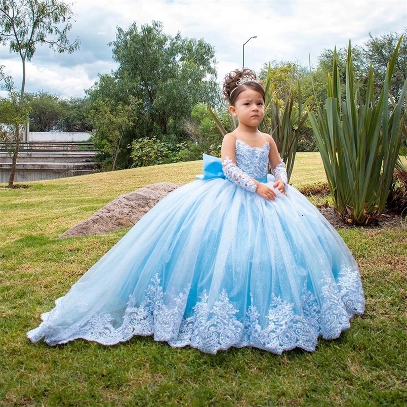 Long sleeved floral girl wedding dress for weddings childrens satin bow ball dress Pageant dress Sparkly 1st Communion Party dress 250402