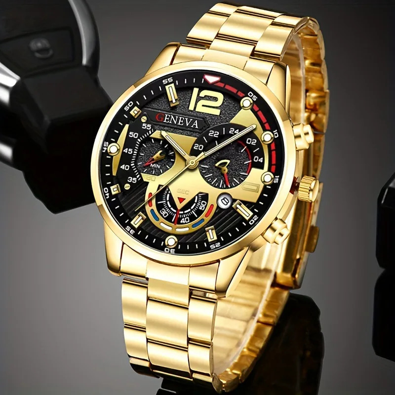 Men Business Quartz Watches 4pcs Set Gold Alloy Roman with Calendar Wrist Watch Cross Necklace Bracelet Ring Set Men Gift 250928