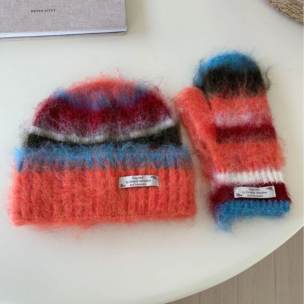 Korean Style Autumn and Winter Women Striped Fluffy Wool Beanie Cap Knitted Gloves Warm Suit Knitted Beanie 250930