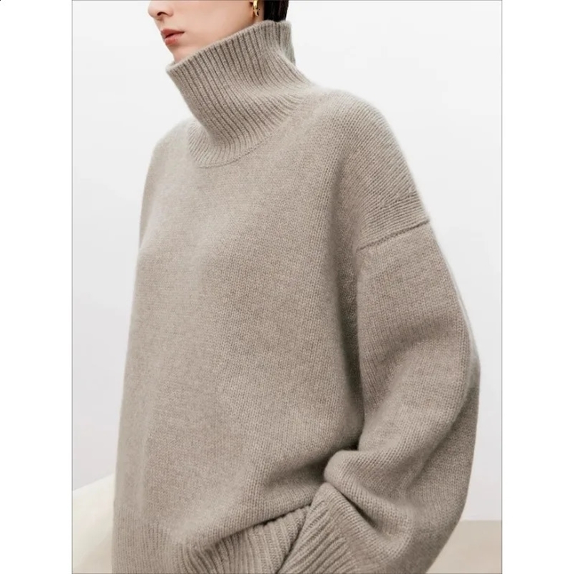 Thickened turtleneck 100% pure cashmere sweater womens loose lazy knit silhouette European products 241116
