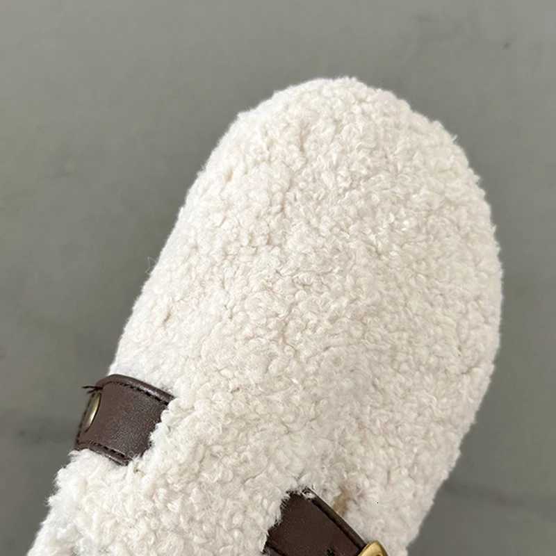 Luxury Designer Lambswool Winter Cotton Shoes Women Slippers Warm Plush Curly Sheep Fur Flats Buckle Belt Mules Mocasines Mujer Z250929
