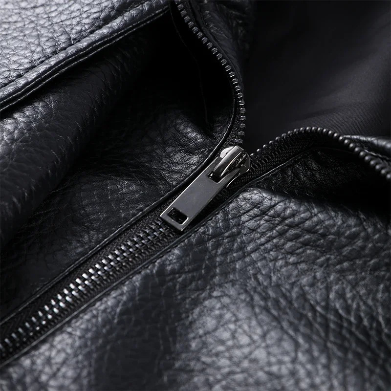 PRINTKAOIR Black Asymmetry Buttons Leather Jacket Lapel Long Sleeve Warm Street 2025 Autumn Winter Lady Outwear 250922