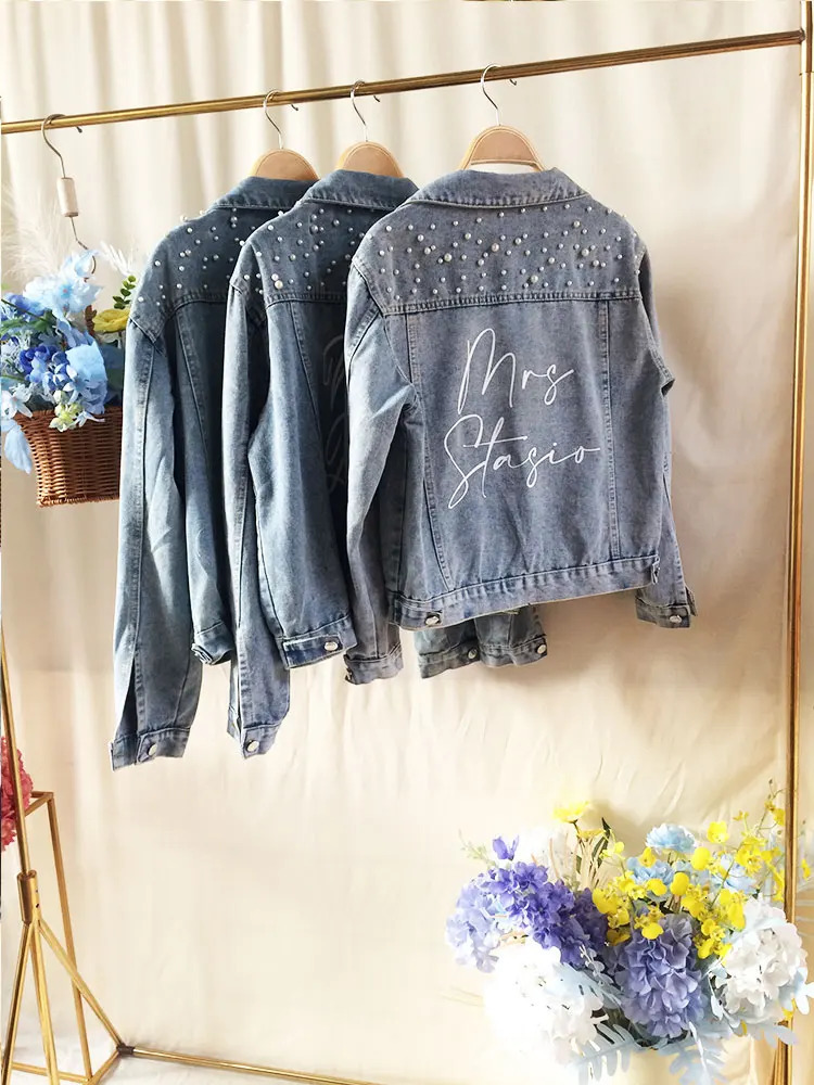 PERSONALIZED Statement Denim Bridal Jacket Custom Name Pearl Detailing MRS Date Placement On Collar Bride Gift y250929