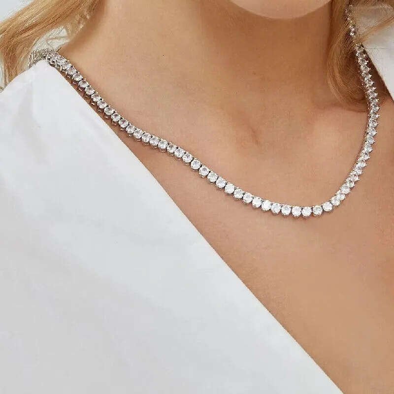 1 Row 4mm Wide 3 Prong CZ Dia Necklace For Women Stainless Steel Plated Gold Tennis Chain Hip Hop Bracelet Designer Jewelry Woman Valentines Day Gift