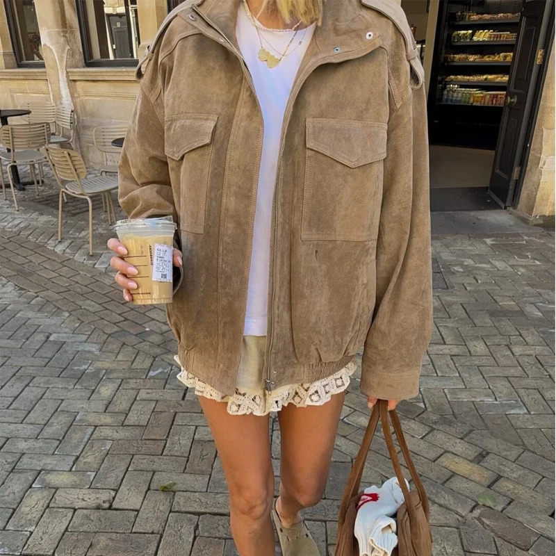MUJER Suede Bomber Jacket Woman Oversized Demiseason Jackets for Women Outerwears Winter Overcoat Female Zip Womens 250922
