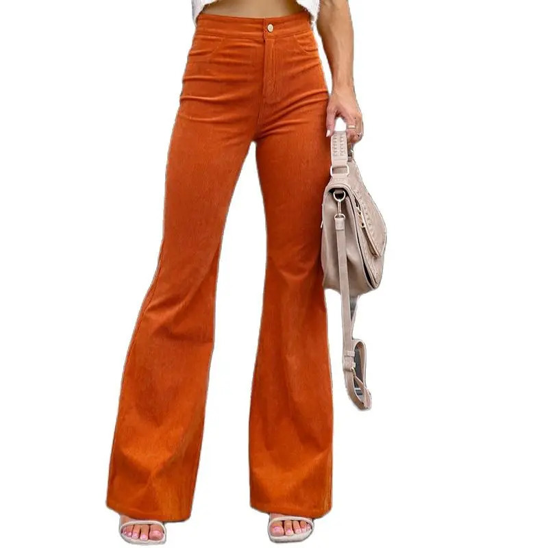 Corduroy Casual Trousers Women Autumn Winter Solid Highwaist Flare Lady Slim Black Gray Khaki Orange Long Pants Z260314