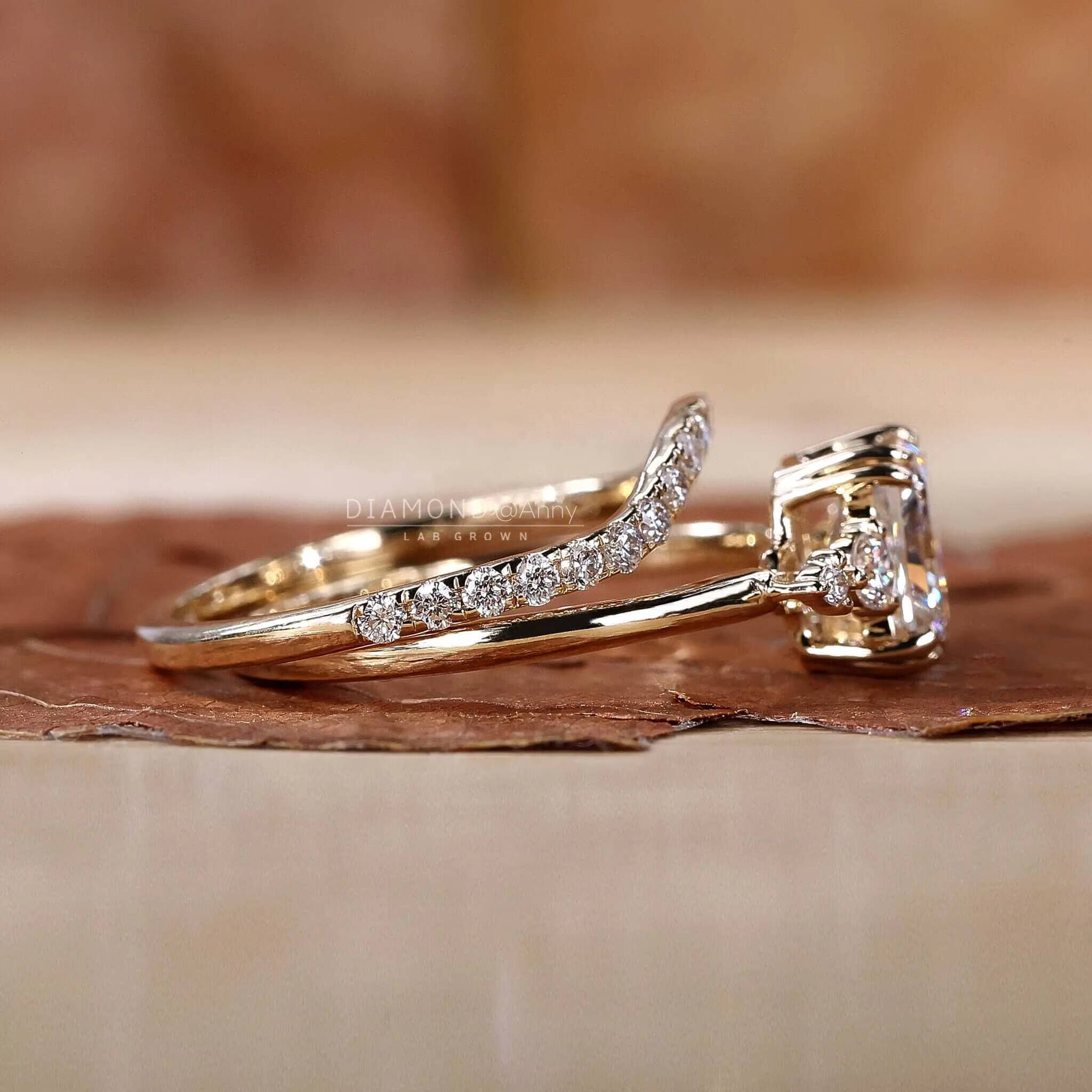 Hot Selling Solid 14K Gold Lab Diamond Women Rings 925 Silver Radiant Cut Five Stone Lab Grown Diamond Ring Bridal Wedding Set