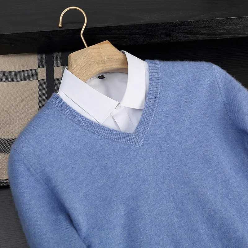AutumnWinter New Mens 100 Cashmere Pullover Business Casual Solid Knitted Sweater Loose Vneck Tops Basic Thick Warm JumperXJ250929