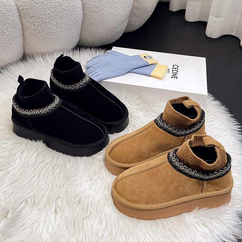 Designer shoes free shipping Thick soled snow boots for women new winter fur one-piece outer wear low top with fleece wool cotton shoes
