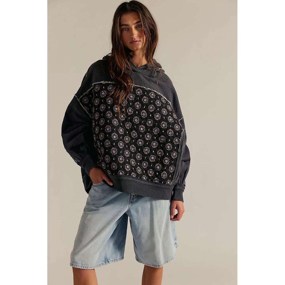 2025 Autumn Winter New Cross-Border European and American Women's Clothing Hooded Embroidered Patchwork Sweatshirt Pullover Casual Top for Women