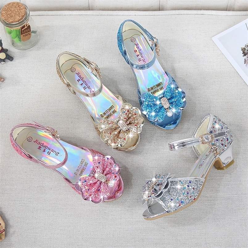 Sandals 5 Colors Children Princess Sandals Kids Girls Wedding Shoes High Heels Dress Shoes Bowtie Gold Pink Blue Silver Shoes For Girls 230421
