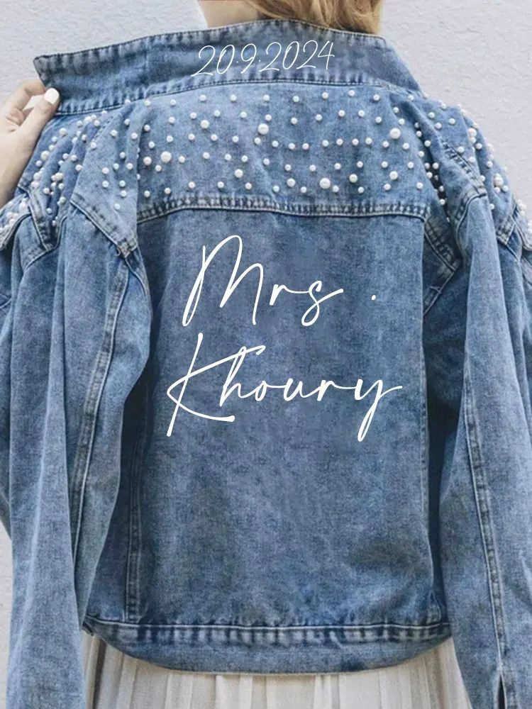 PERSONALIZED Statement Denim Bridal Jacket Custom Name Pearl Detailing MRS Date Placement On Collar Bride Gift y250929