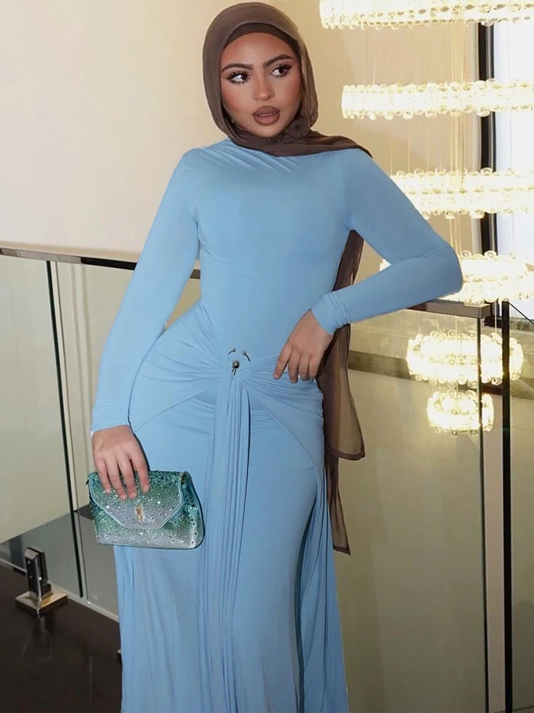 Sisterlinda Sequined Pleated Maxi Dress Classic Solid Full Sleeve Crew Neck Ribbons Sheath Long Robe Mujer Hipster Evening Wear 250922