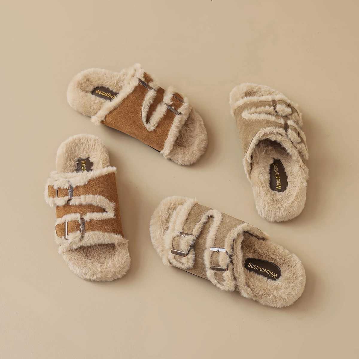 Hairy slippers for womens outdoor wear for autumn and winter 2024 new comfortable and casual retro lamb wool cotton slippers Z250929