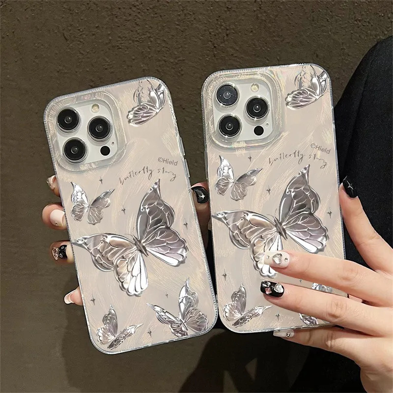 For Iphone 17 Pro Max Butterfly Design Case, Silver Foil Dream Butterfly Case,cute Bling Shiny Glitter Shockproof Protective Phone Cases Cover For Wom