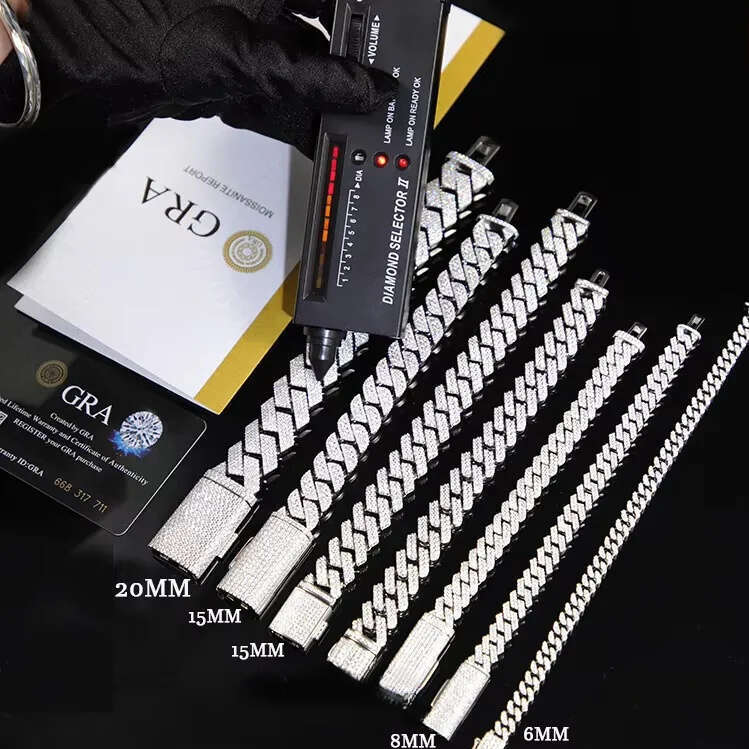 Lowest Price 8mm-15mm Wide 2rows Dia S Sier Gold Plated Iced Out Moissanite Bracelet for Hip hop Mens